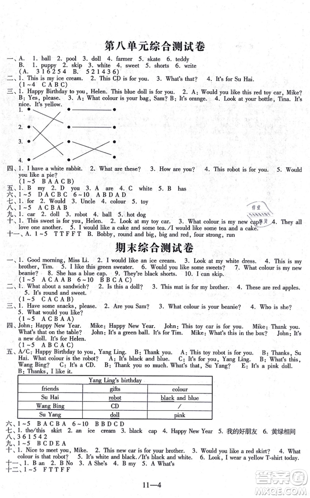 江蘇鳳凰科學技術出版社2021同步練習配套試卷三年級英語上冊人教版答案