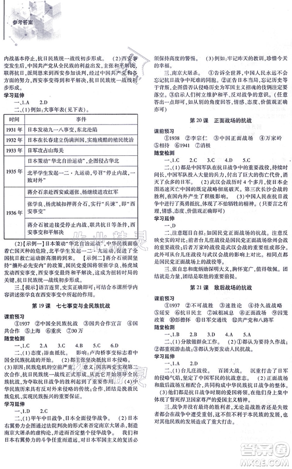 大象出版社2021初中同步練習冊八年級歷史上冊人教版答案