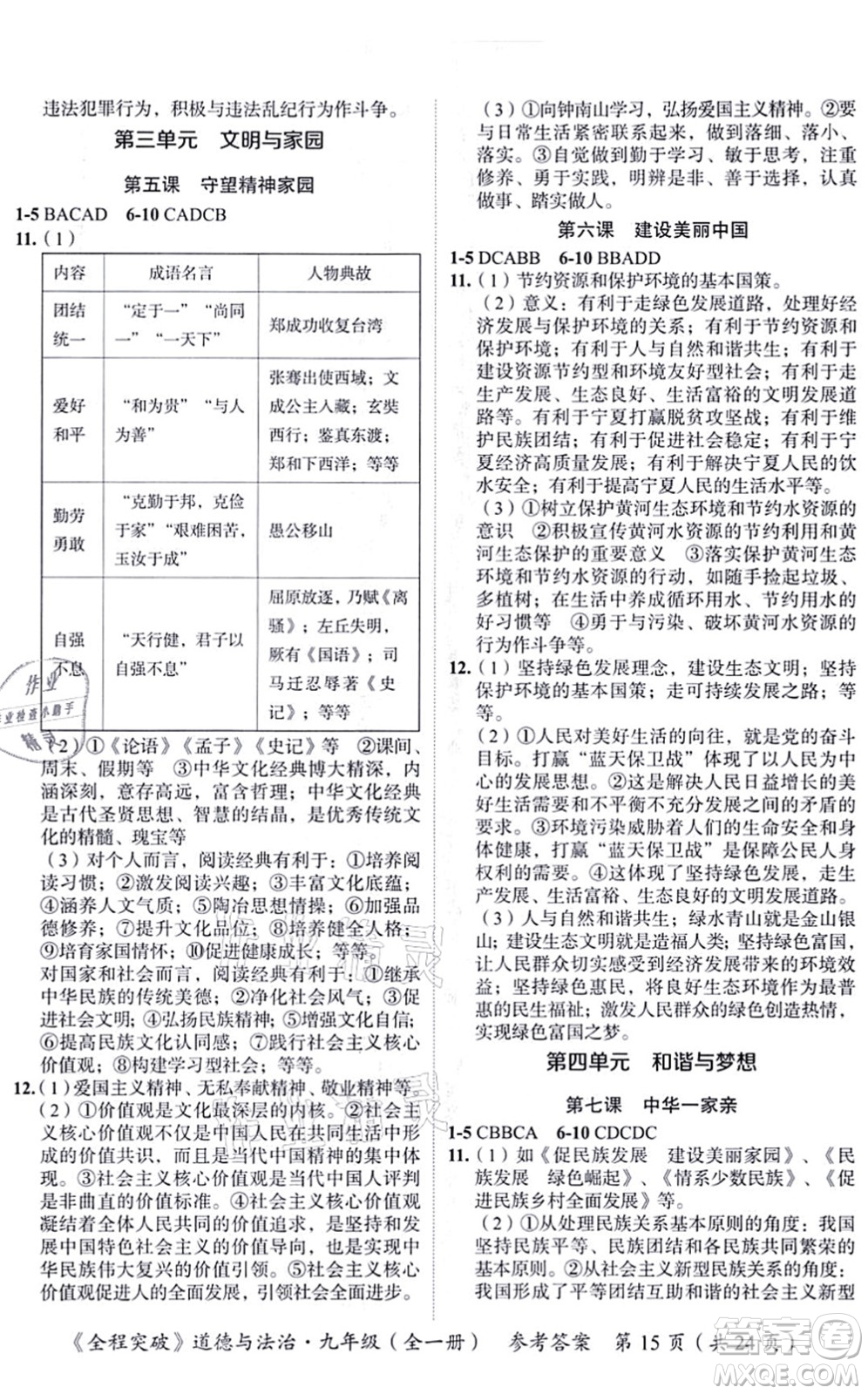 延邊大學出版社2021思而優(yōu)教育全程突破九年級道德與法治全一冊TB統(tǒng)編版答案