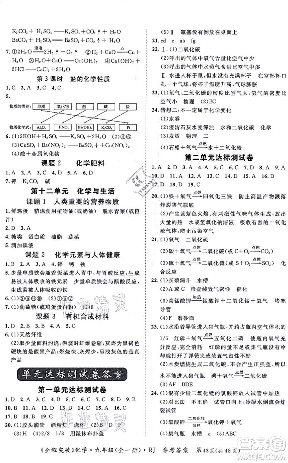 延邊大學(xué)出版社2021思而優(yōu)教育全程突破九年級化學(xué)全一冊R人教版答案