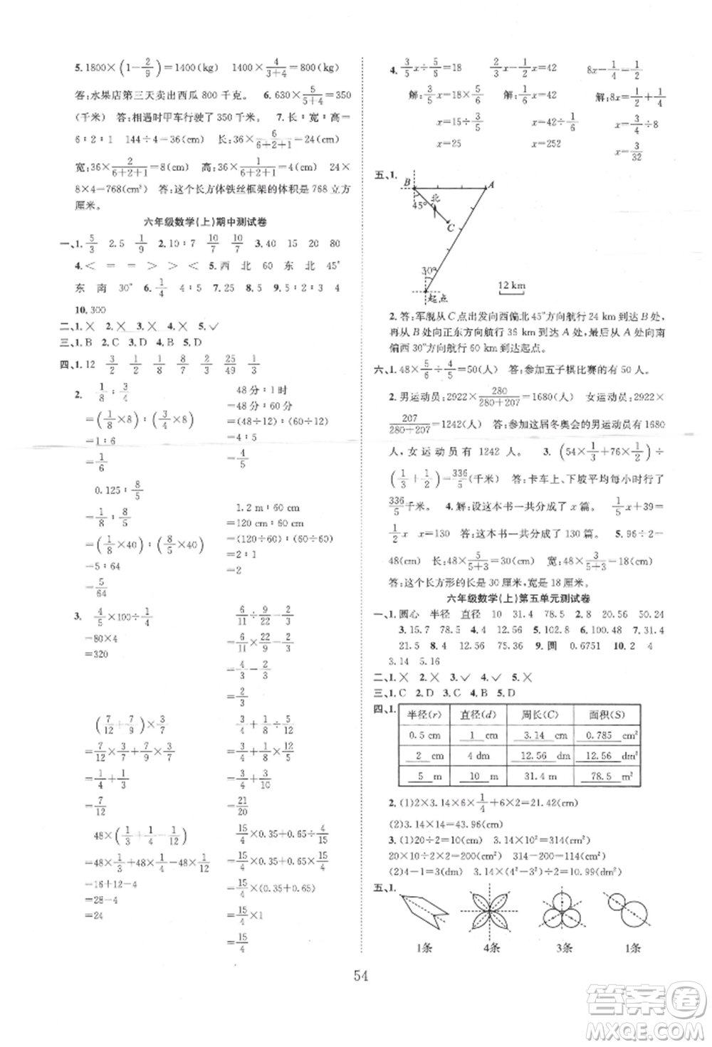 安徽人民出版社2021新經(jīng)典練與測六年級數(shù)學(xué)上冊人教版參考答案