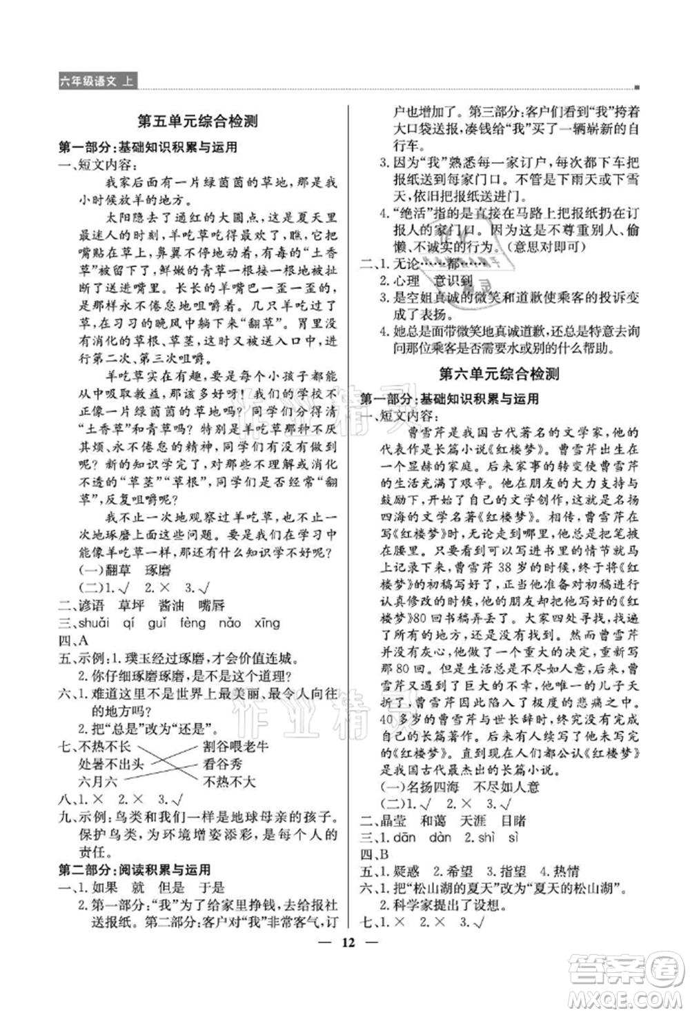 北京教育出版社2021提分教練優(yōu)學導練測六年級語文上冊人教版東莞專版參考答案