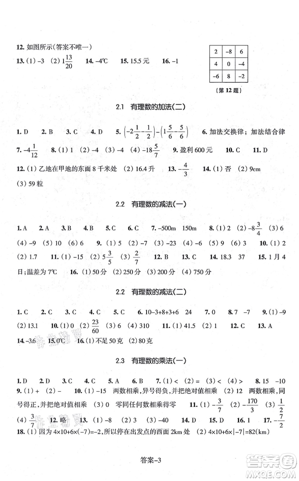 浙江少年兒童出版社2021每課一練七年級數(shù)學上冊ZH浙教版答案