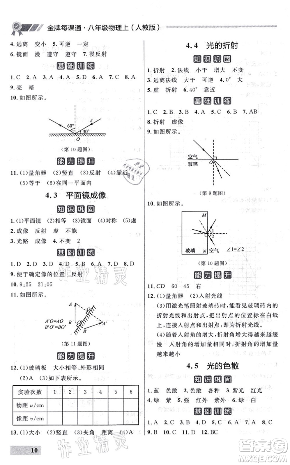 延邊大學出版社2021點石成金金牌每課通八年級物理上冊人教版大連專版答案