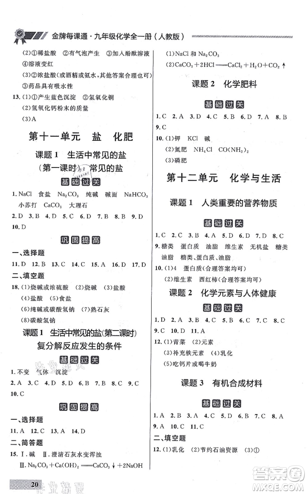 延邊大學(xué)出版社2021點(diǎn)石成金金牌每課通九年級化學(xué)全一冊人教版大連專版答案