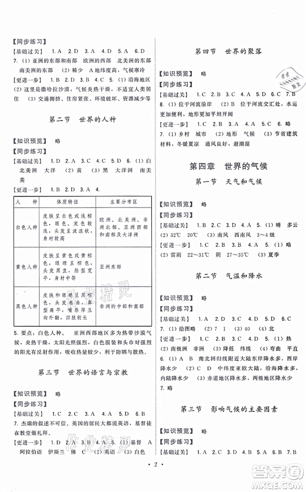 福建人民出版社2021頂尖課課練七年級(jí)地理上冊(cè)湘教版答案