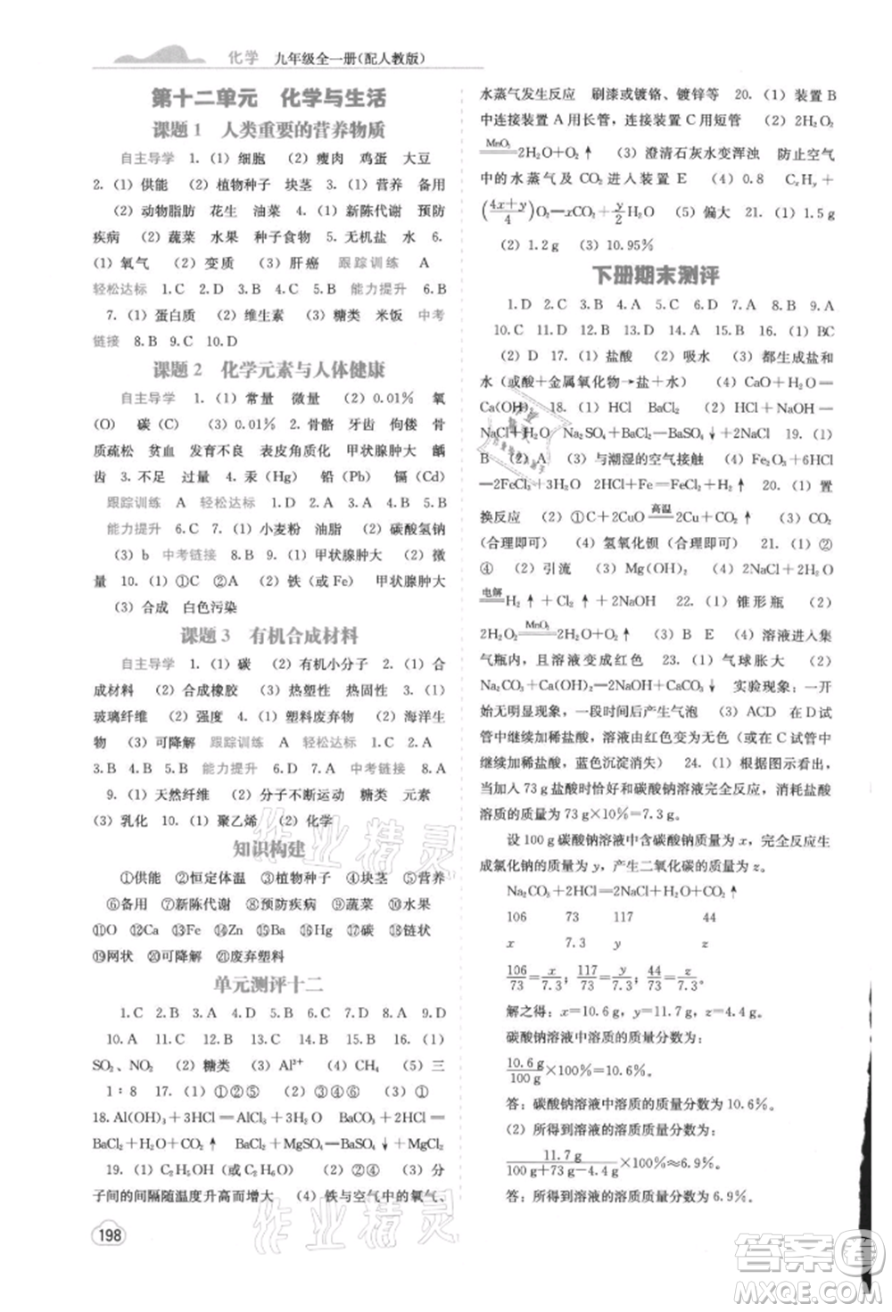 廣西教育出版社2021自主學(xué)習(xí)能力測(cè)評(píng)九年級(jí)化學(xué)人教版參考答案