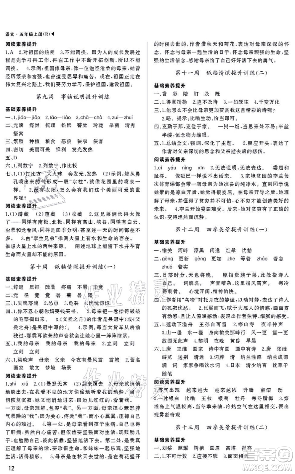 內(nèi)蒙古大學(xué)出版社2021超越訓(xùn)練五年級語文上冊R人教版綿陽專版答案