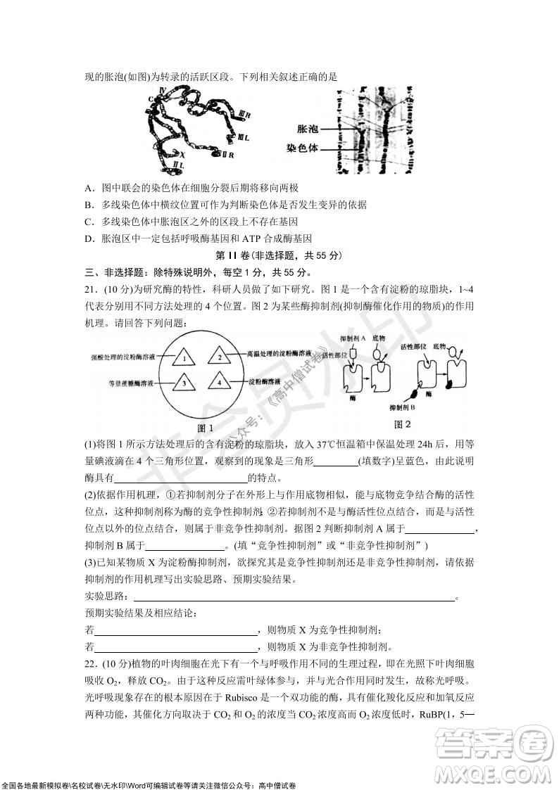 山東青島2021-2022學(xué)年度第一學(xué)期教學(xué)質(zhì)量檢測高三生物試題及答案