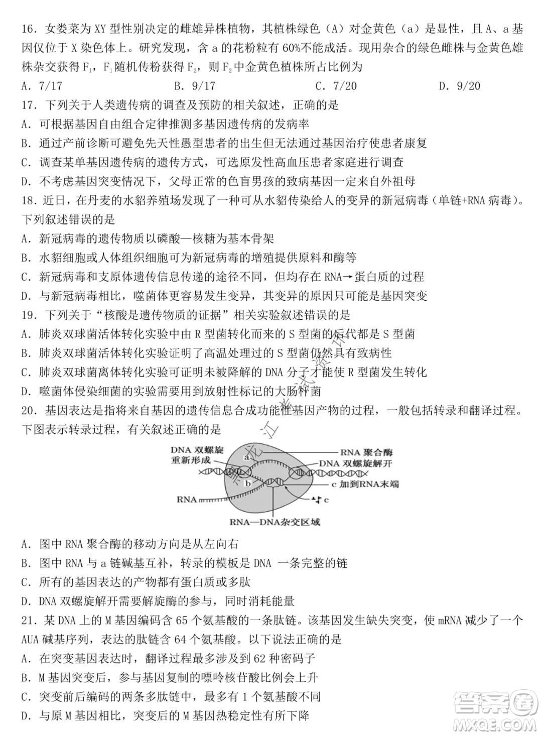 哈爾濱市第九中學2021-2022學年度上學期期中考試高三生物試題及答案