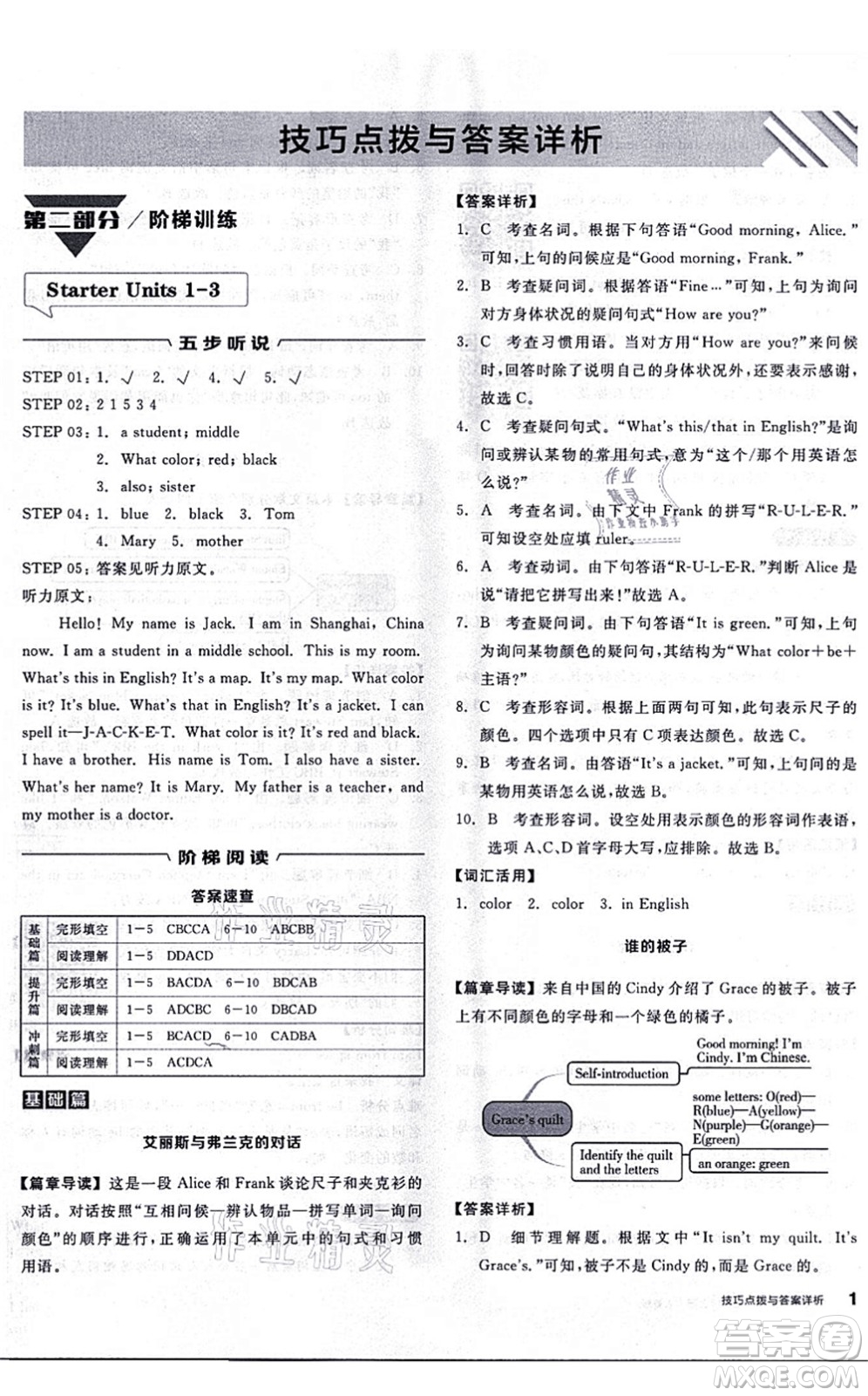 陽光出版社2021練就優(yōu)等生七年級(jí)英語上冊RJ人教版答案