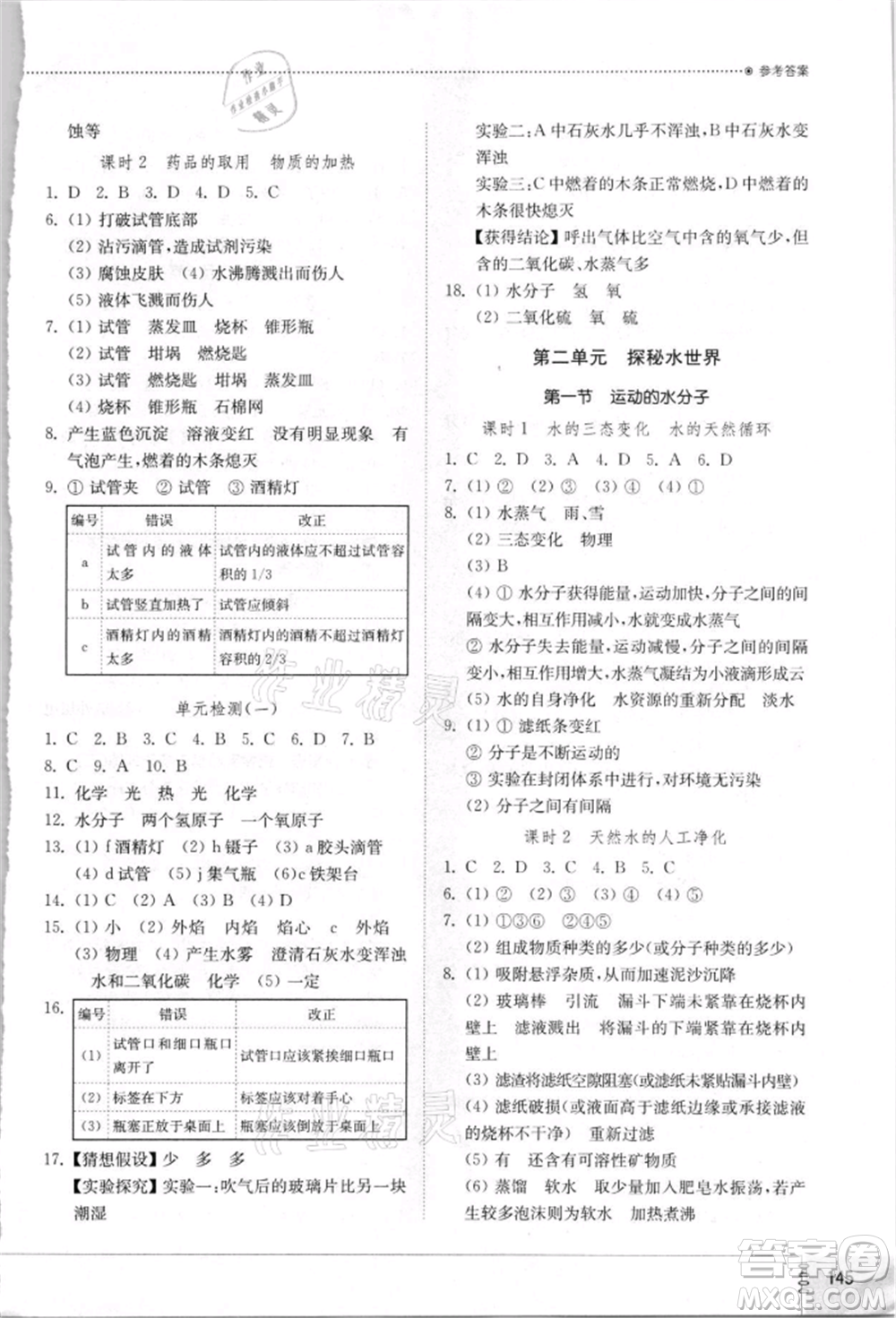 山東教育出版社2021初中同步練習(xí)冊九年級化學(xué)上冊魯教版參考答案