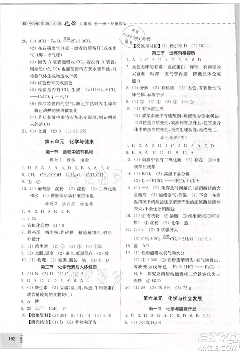 山東教育出版社2021初中同步練習(xí)冊五四制九年級(jí)化學(xué)魯教版參考答案