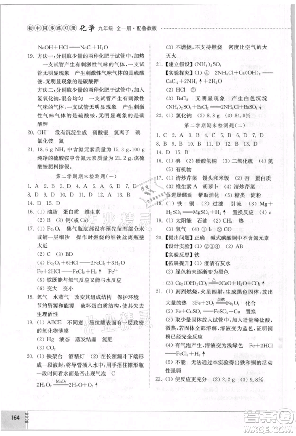 山東教育出版社2021初中同步練習(xí)冊五四制九年級(jí)化學(xué)魯教版參考答案