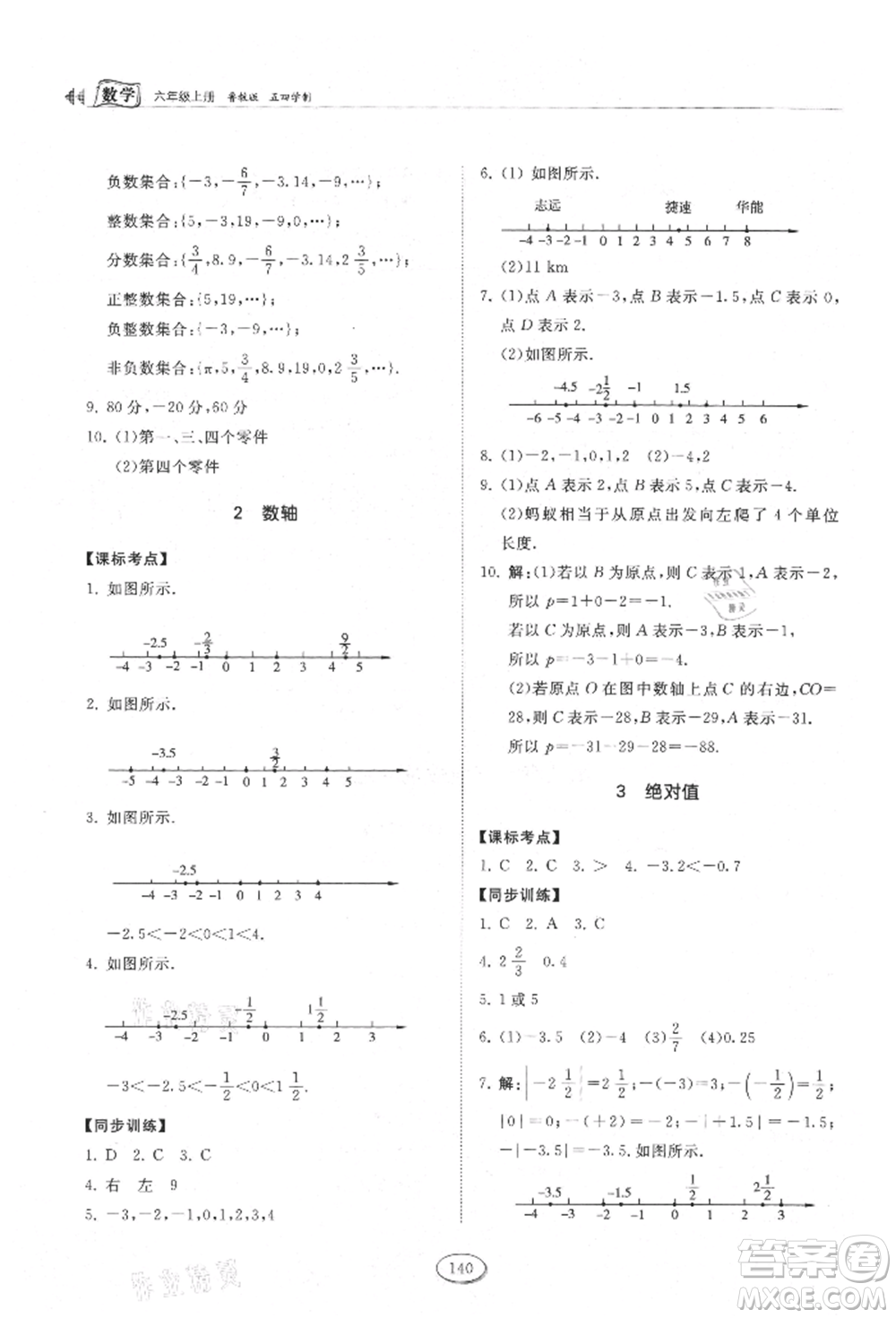 山東科學技術出版社2021初中同步練習冊五四制六年級上冊數(shù)學魯教版參考答案