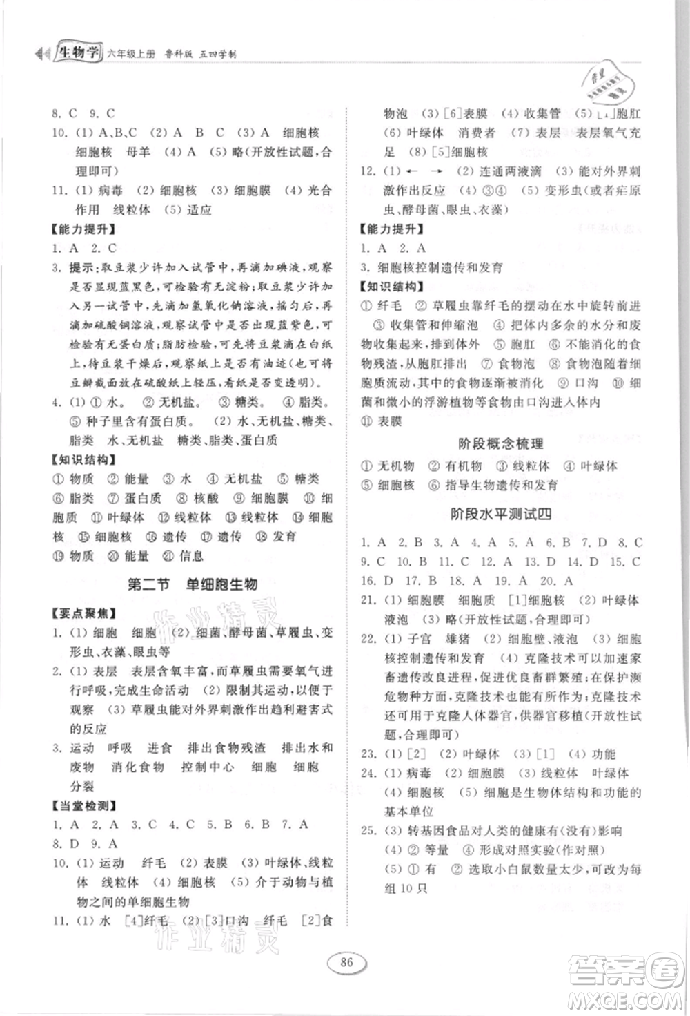 山東科學(xué)技術(shù)出版社2021初中同步練習(xí)冊五四制六年級上冊生物學(xué)魯科版參考答案