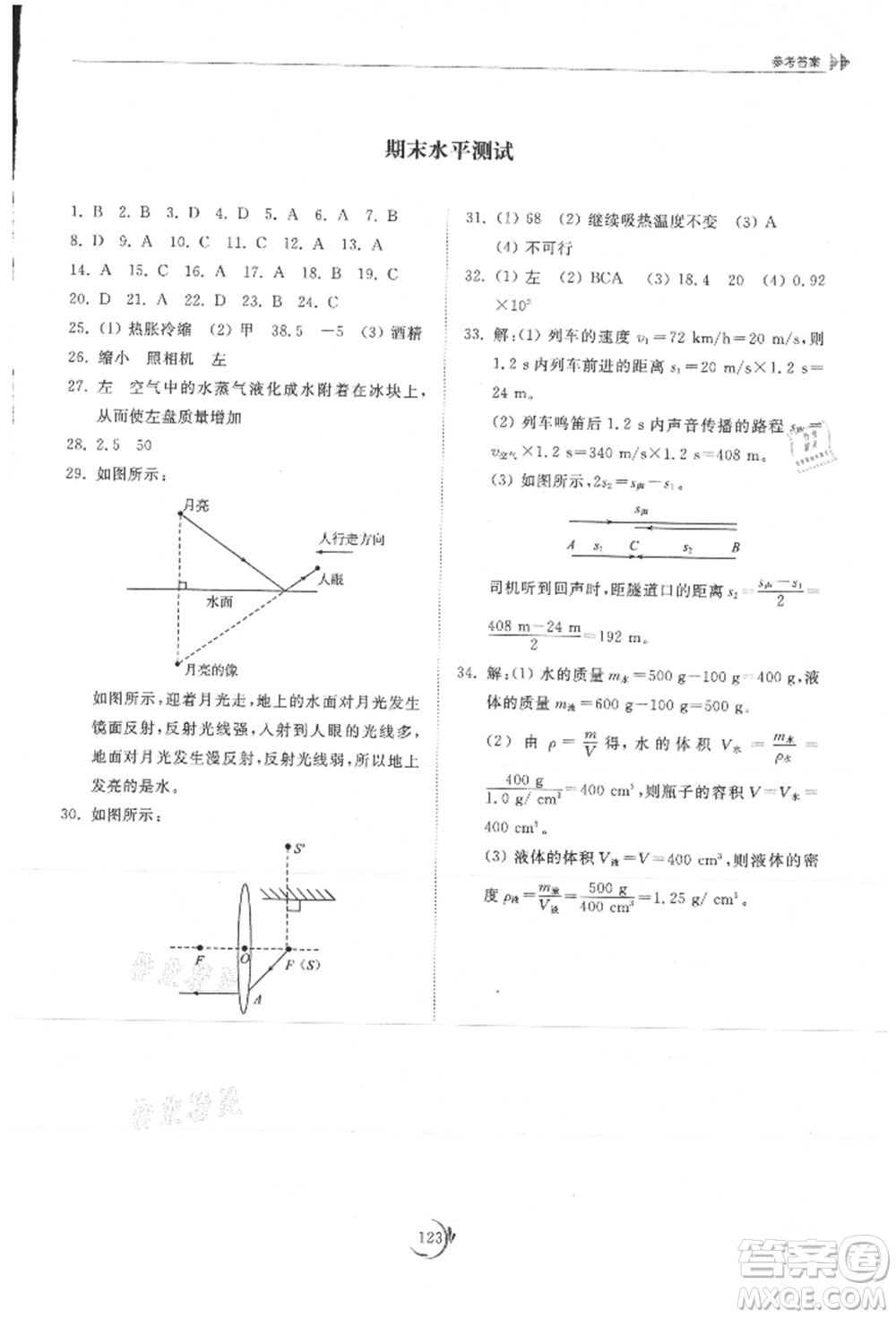 山東科學(xué)技術(shù)出版社2021初中同步練習(xí)冊八年級物理上冊教科版參考答案