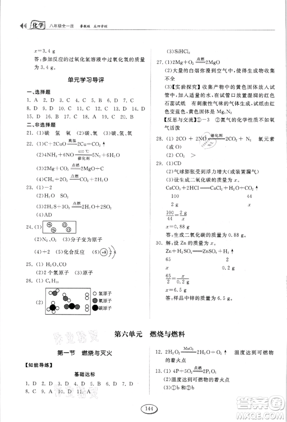 山東科學(xué)技術(shù)出版社2021初中同步練習(xí)冊五四制八年級化學(xué)魯教版參考答案