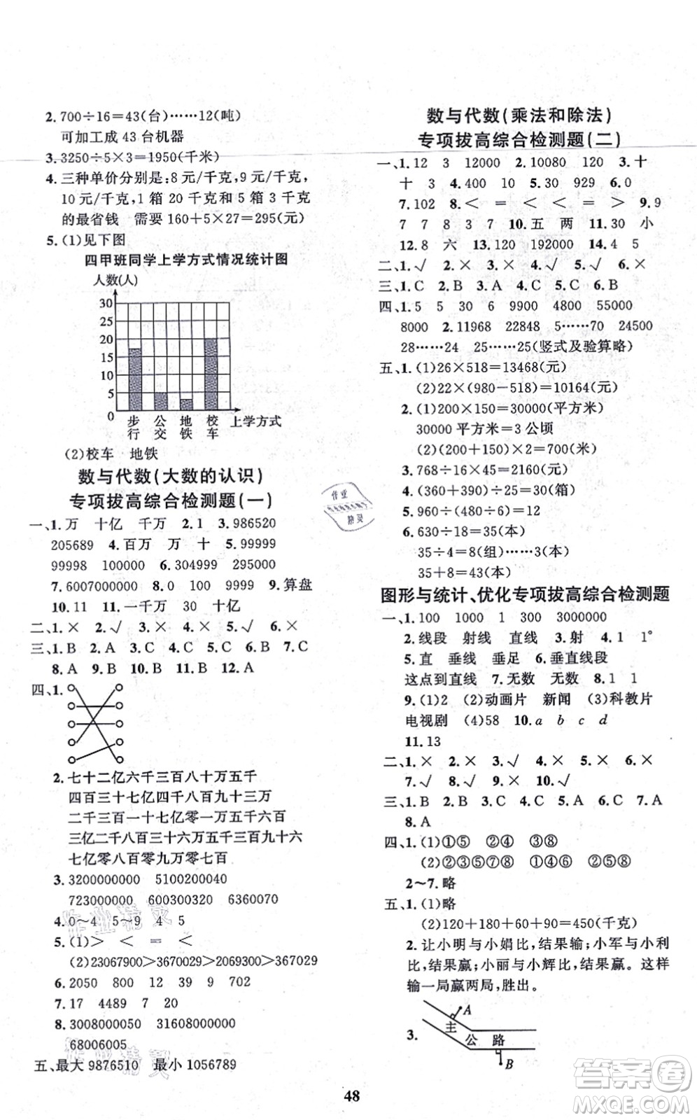 濟(jì)南出版社2021黃岡360度定制課時四年級數(shù)學(xué)上冊RJ人教版湖南專版答案