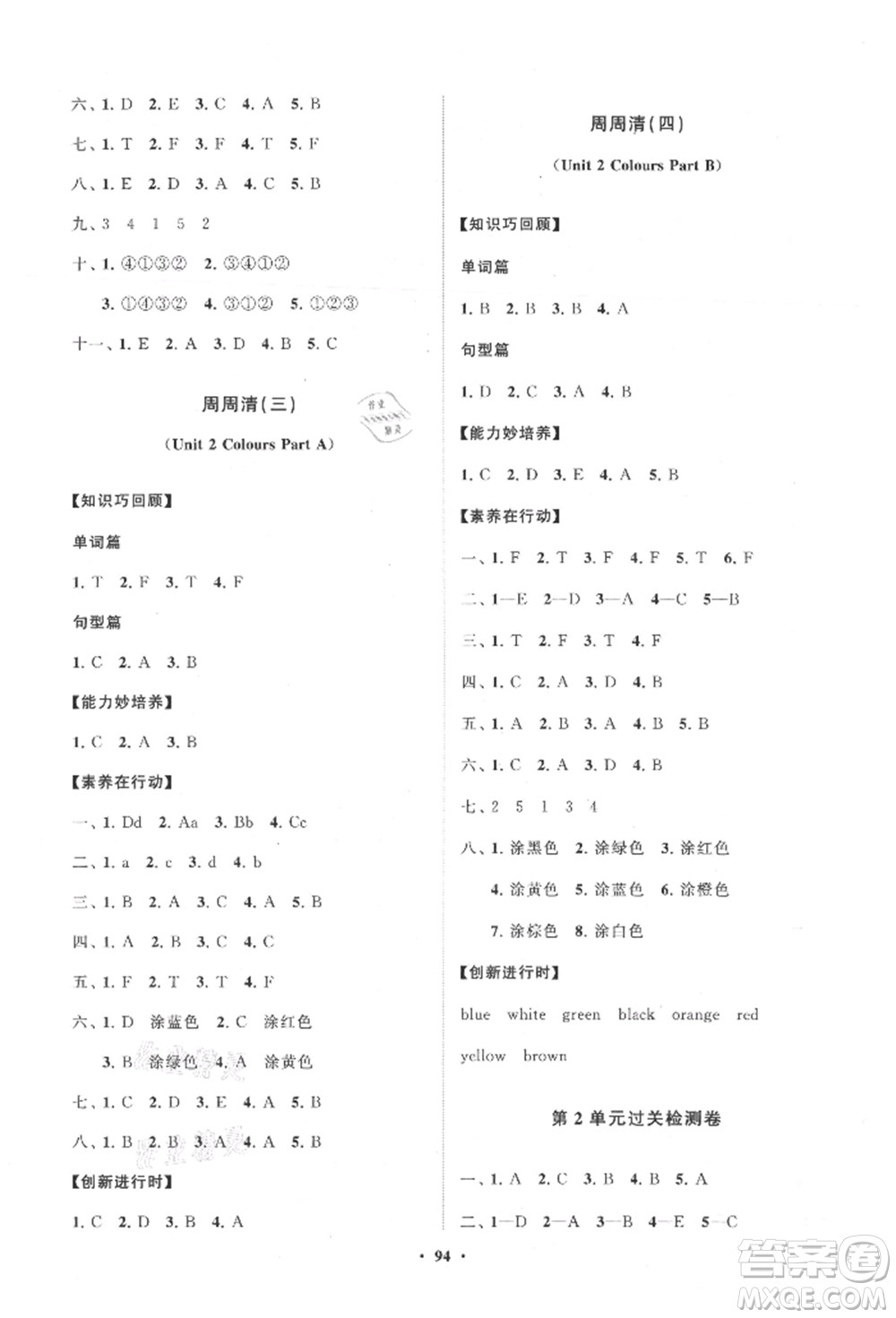 山東教育出版社2021小學(xué)同步練習(xí)冊分層卷三年級英語上冊人教版參考答案