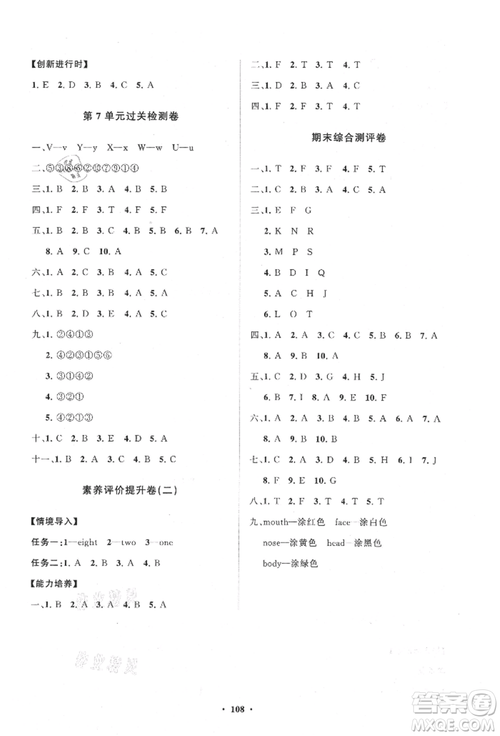 山東教育出版社2021小學(xué)同步練習(xí)冊(cè)分層卷五四制三年級(jí)英語上冊(cè)魯科版參考答案