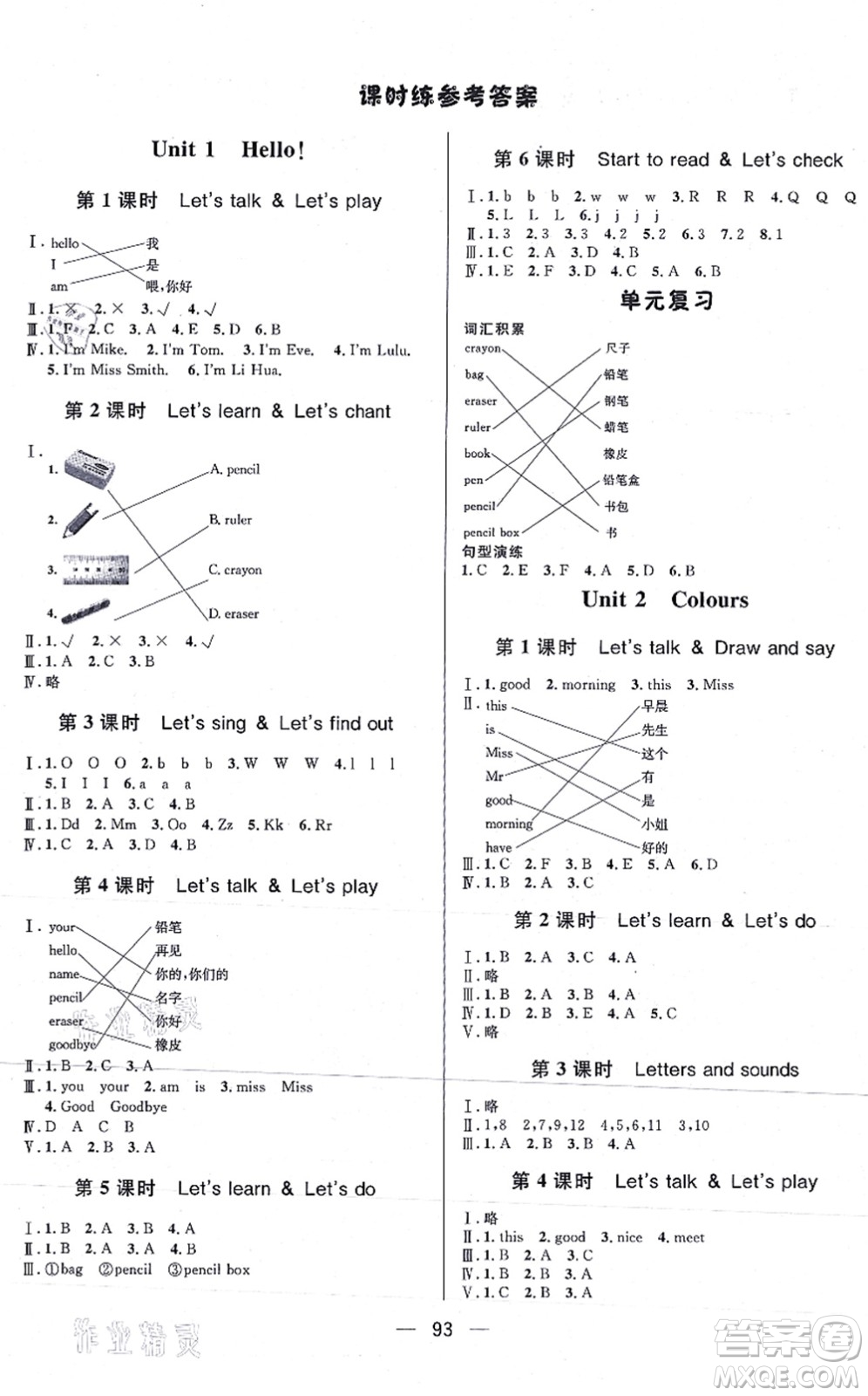 安徽人民出版社2021簡易通小學(xué)同步導(dǎo)學(xué)練三年級英語上冊RJ人教版答案