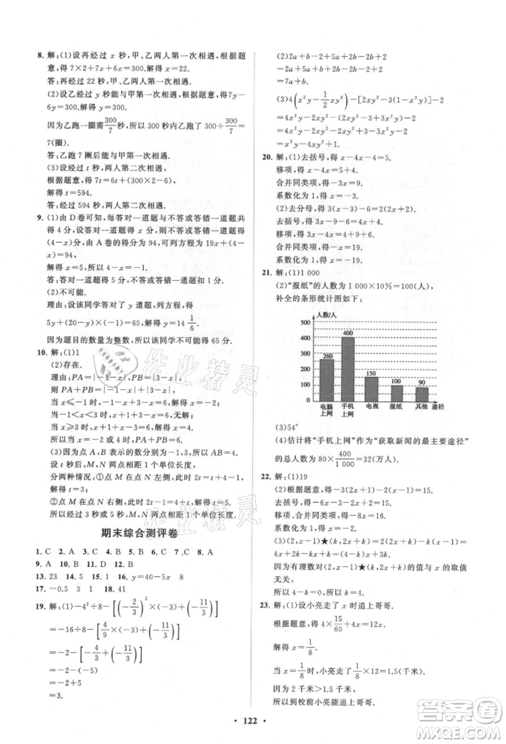 山東教育出版社2021初中同步練習(xí)冊(cè)分層卷七年級(jí)數(shù)學(xué)上冊(cè)青島版參考答案