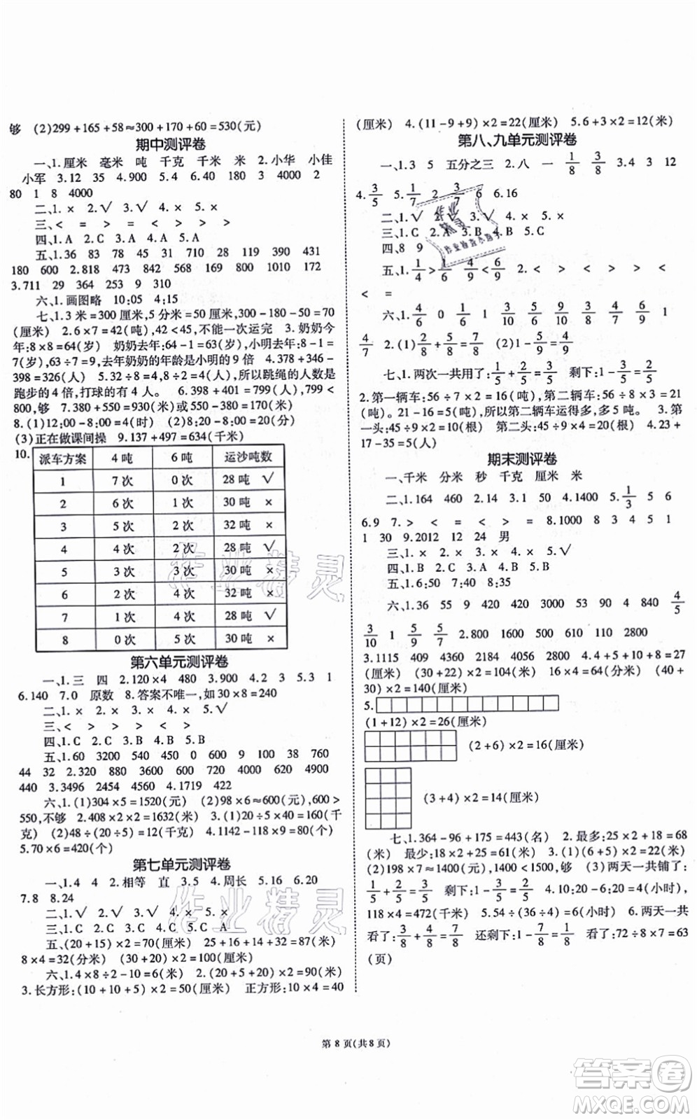 重慶出版社2021天下通課時(shí)作業(yè)本三年級(jí)數(shù)學(xué)上冊(cè)人教版答案