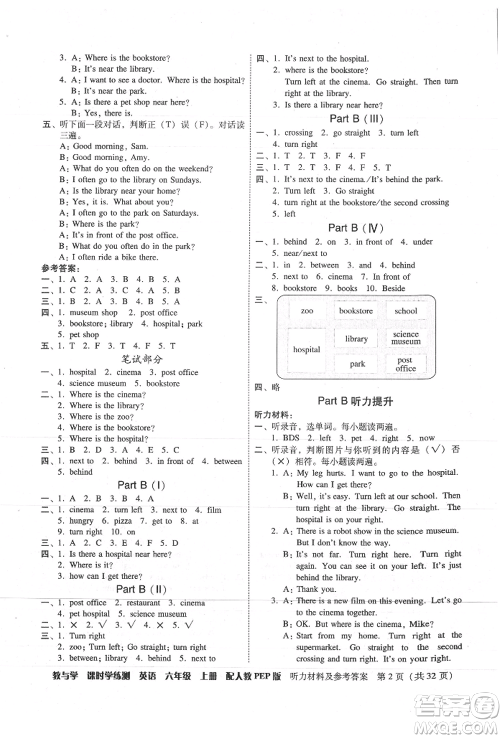 安徽人民出版社2021華翰文化教與學課時學練測六年級英語上冊人教版參考答案