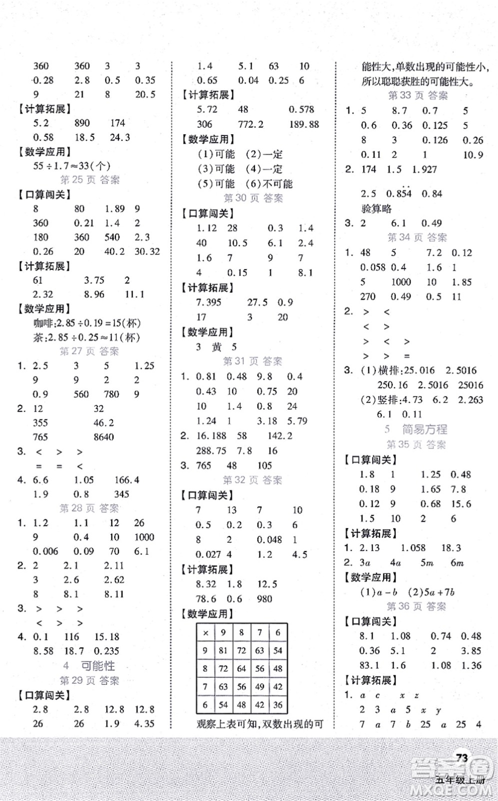 陽光出版社2021階梯計算五年級數(shù)學(xué)上冊RJ人教版答案