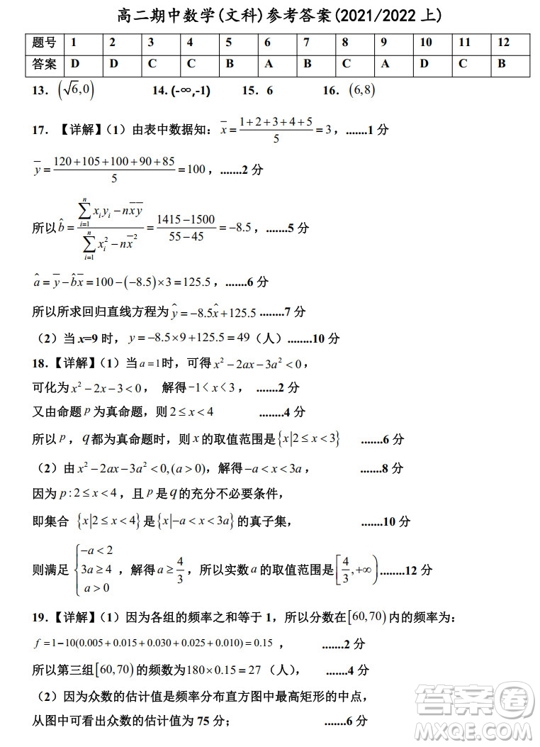 銀川一中2021-2022學年度高二上學期期中考試文科數(shù)學試題及答案