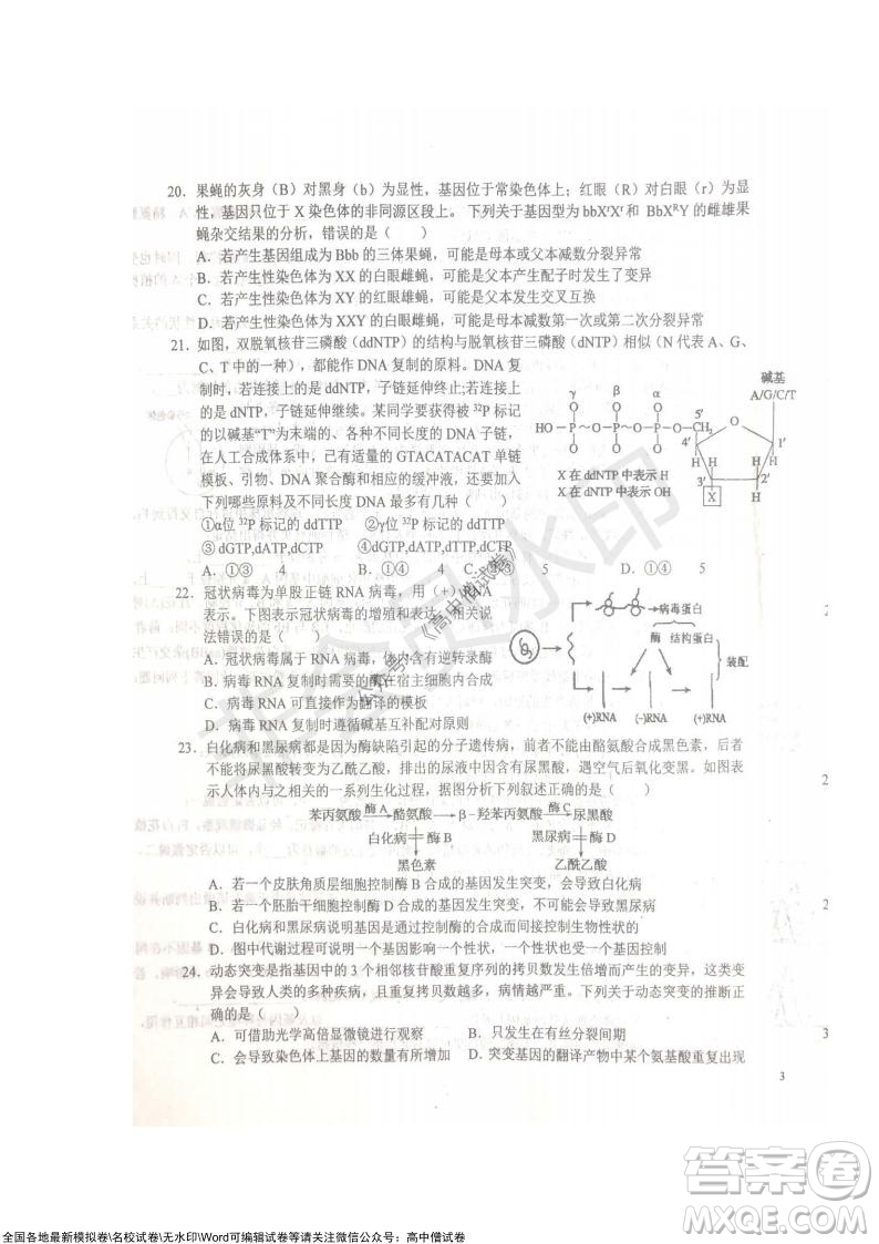 安徽六安一中學(xué)2022屆高三年級(jí)第四次月考生物試題及答案