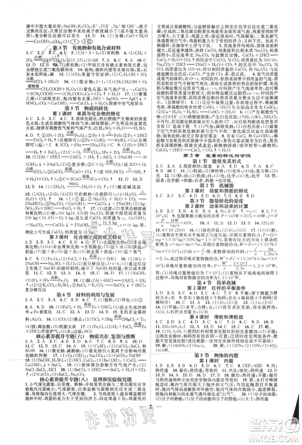 天津科學(xué)技術(shù)出版社2021智慧學(xué)堂核心素養(yǎng)提升法九年級(jí)科學(xué)浙教版浙江專版參考答案