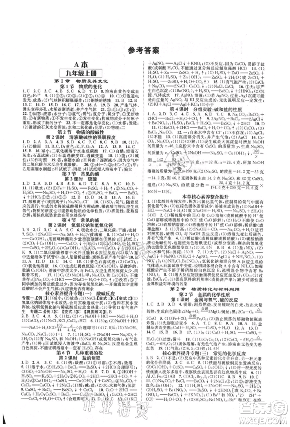 天津科學(xué)技術(shù)出版社2021智慧學(xué)堂核心素養(yǎng)提升法九年級(jí)科學(xué)浙教版浙江專版參考答案