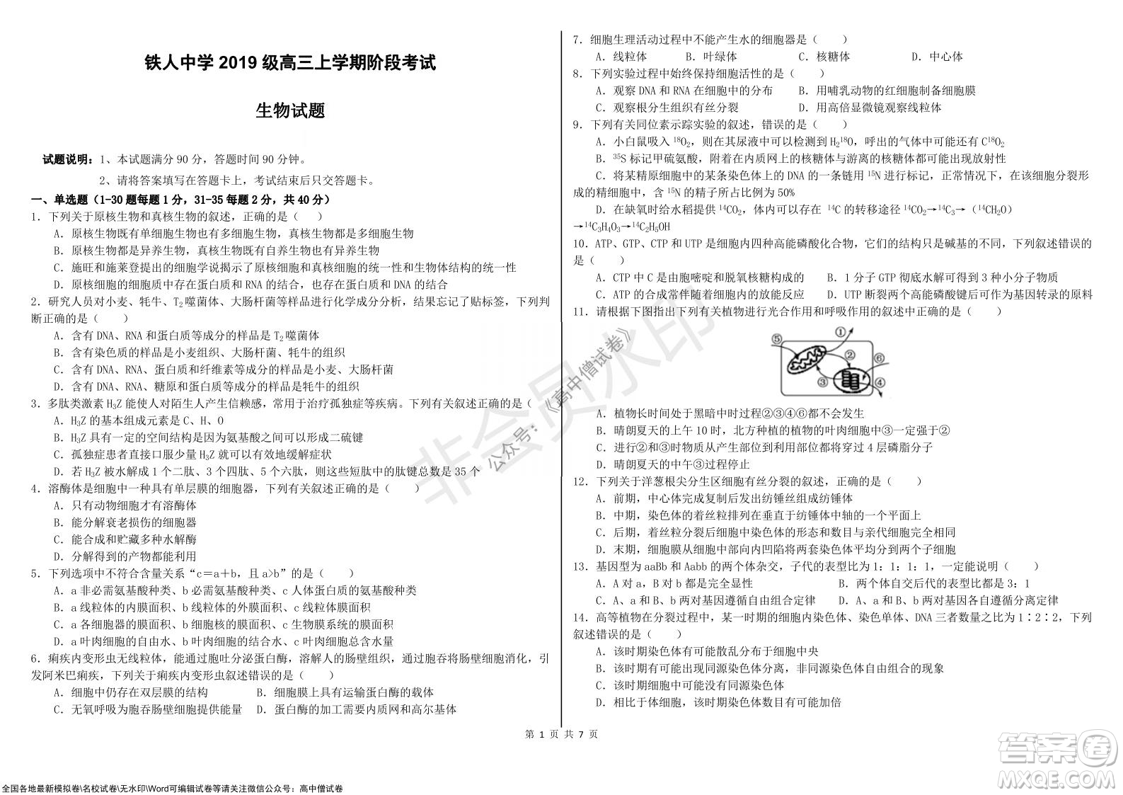 黑龍江省大慶鐵人中學(xué)2019級高三上學(xué)期階段考試生物試題及答案