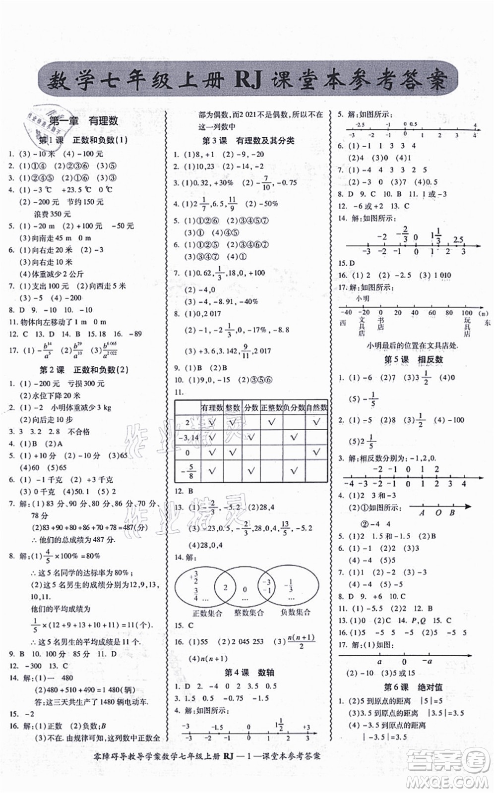 廣州出版社2021零障礙導(dǎo)教導(dǎo)學(xué)案七年級數(shù)學(xué)上冊人教版答案