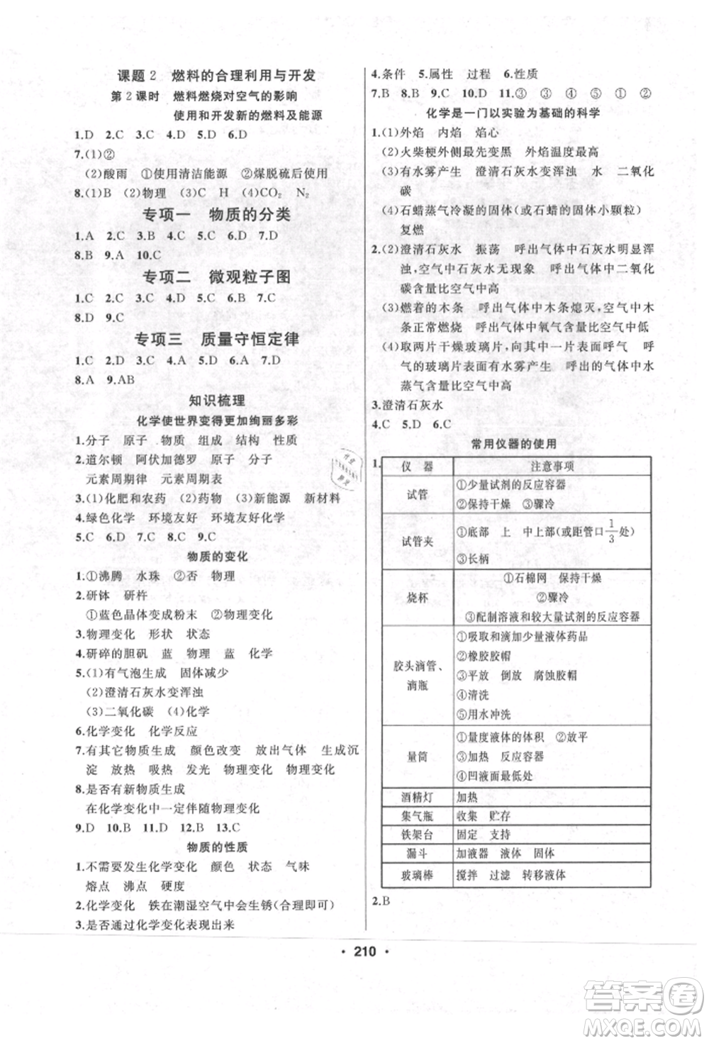 延邊人民出版社2021試題優(yōu)化課堂同步九年級化學(xué)上冊人教版參考答案