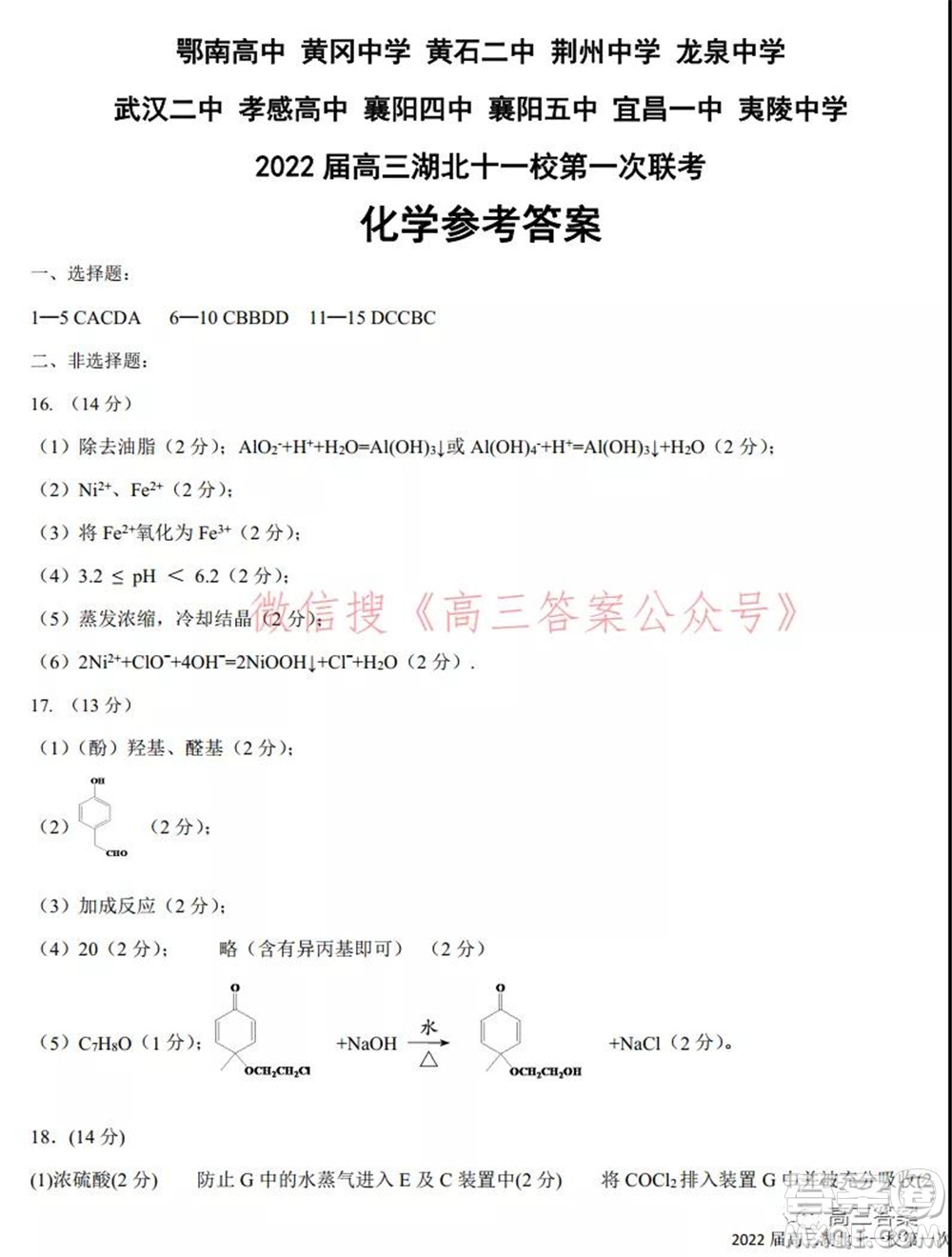 2022屆高三湖北十一校第一次聯(lián)考化學(xué)試題及答案