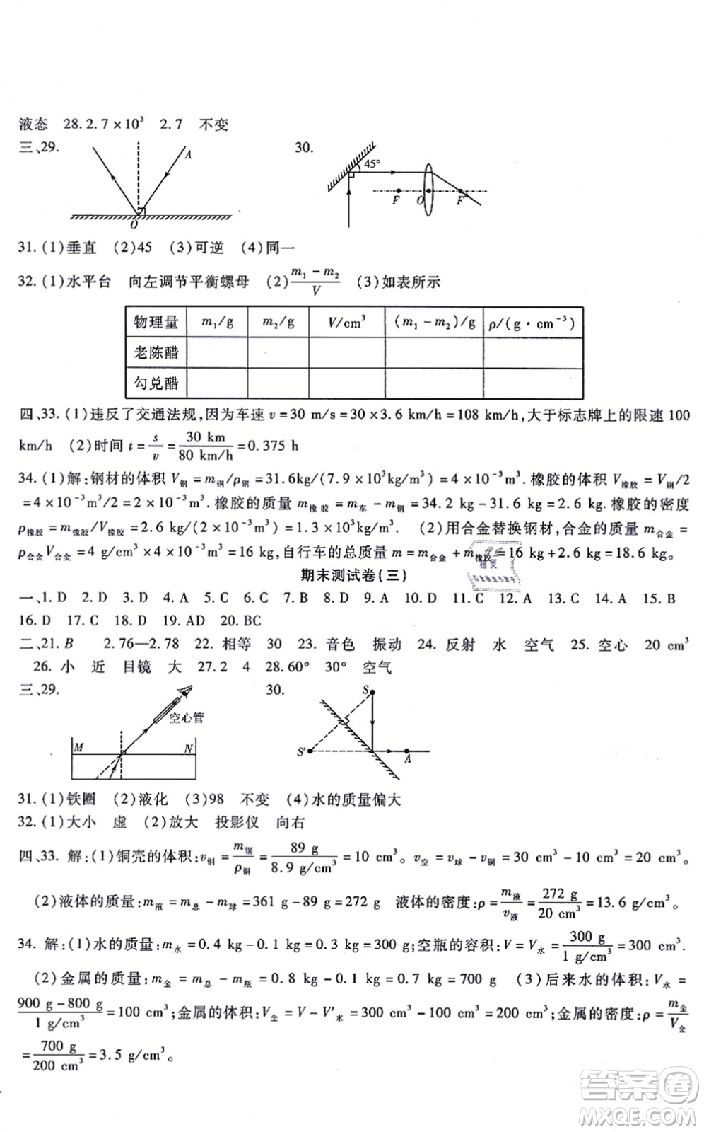 吉林教育出版社2021海淀金卷八年級(jí)物理上冊(cè)JK教科版答案