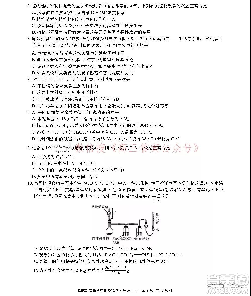 2022屆高考精準備考原創(chuàng)模擬卷一理科綜合試題及答案