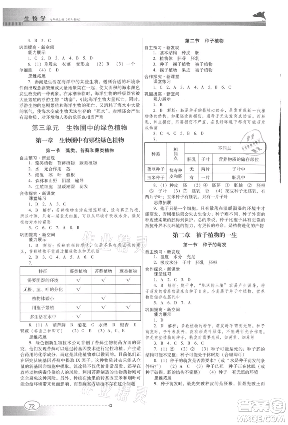 廣東教育出版社2021南方新課堂金牌學案七年級上冊生物人教版參考答案