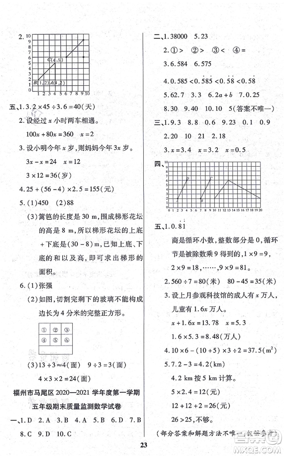 沈陽出版社2021培優(yōu)三好生課時作業(yè)五年級數(shù)學(xué)上冊A人教版福建專版答案