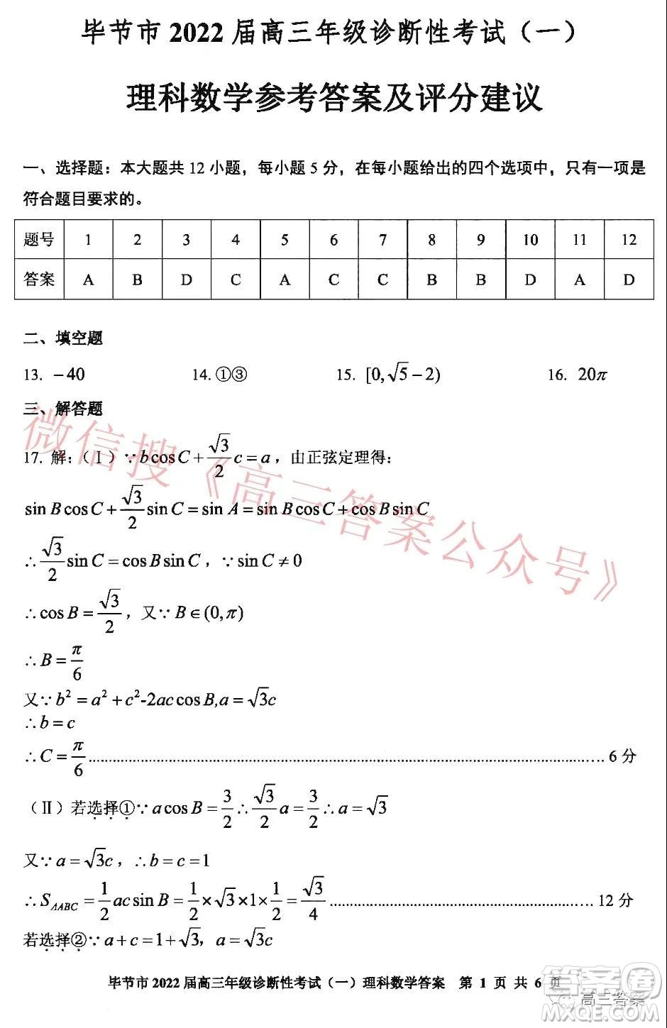 畢節(jié)市2022屆高三年級(jí)診斷性考試一理科數(shù)學(xué)試題及答案