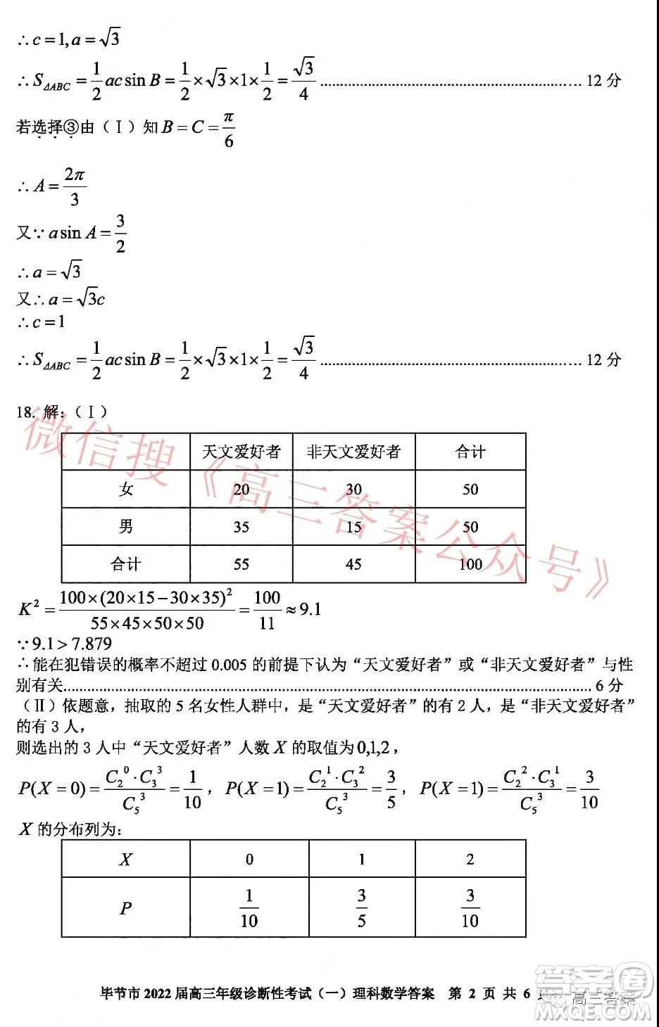 畢節(jié)市2022屆高三年級(jí)診斷性考試一理科數(shù)學(xué)試題及答案