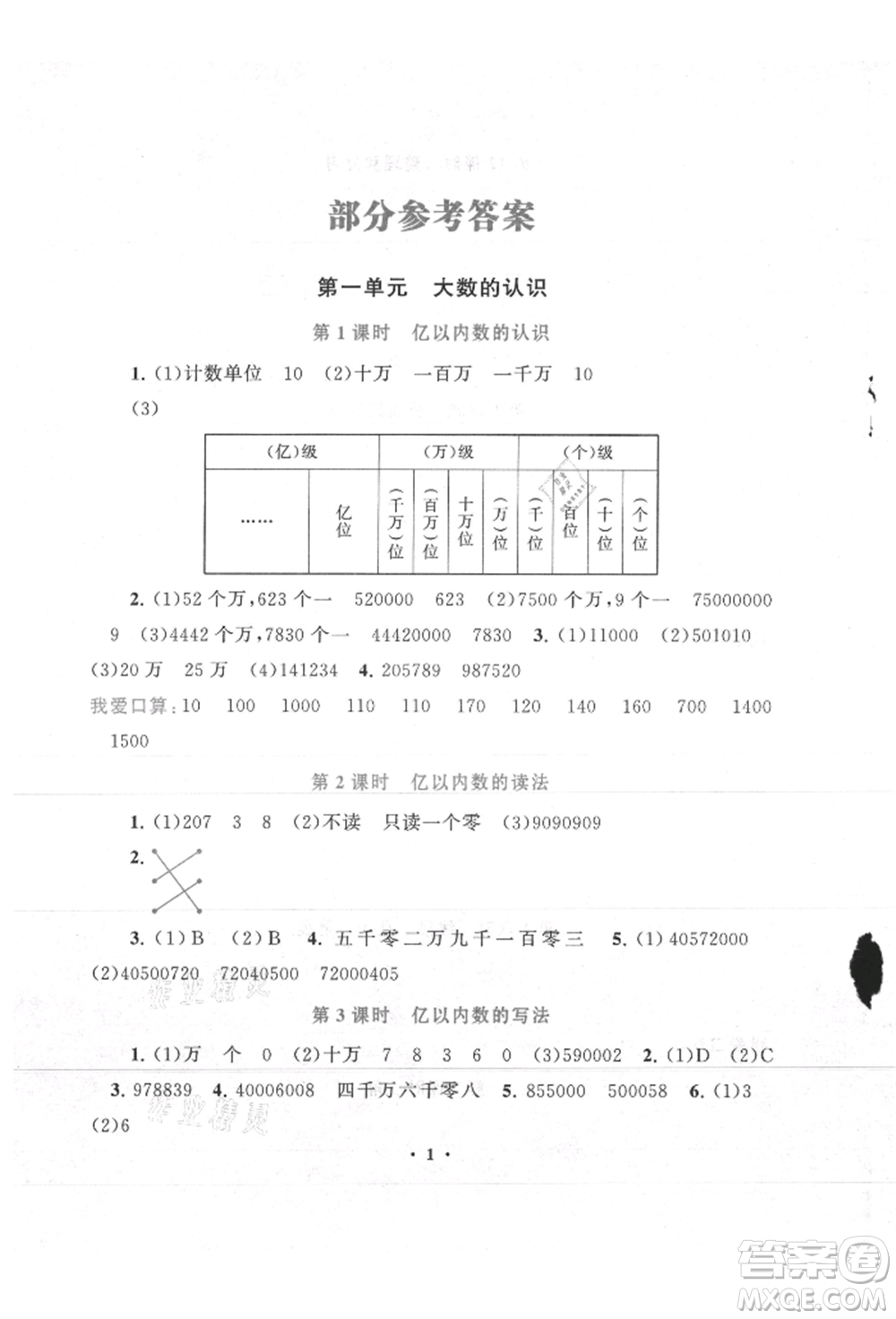 安徽人民出版社2021啟東黃岡作業(yè)本四年級上冊數(shù)學(xué)人民教育版參考答案