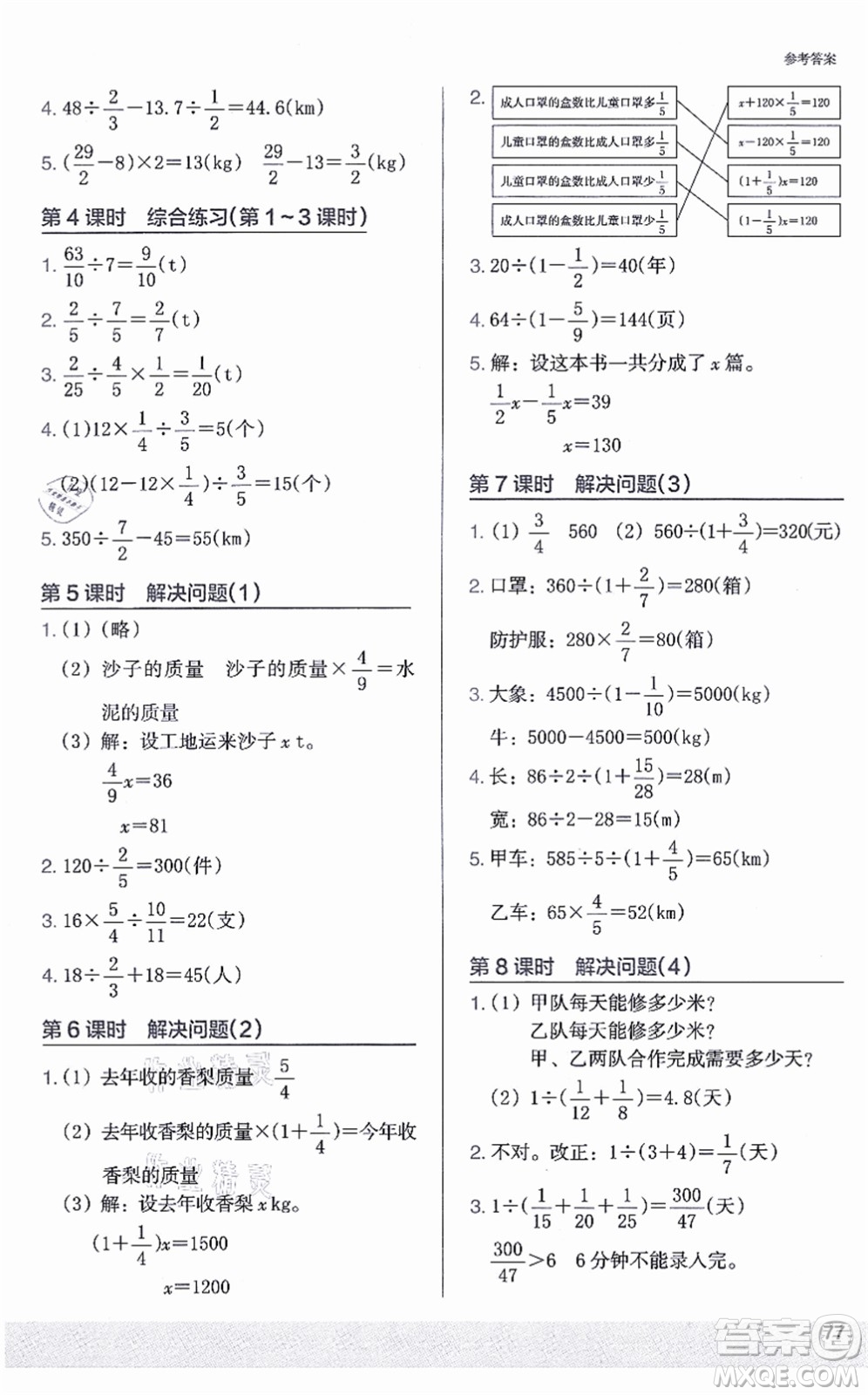 江蘇鳳凰美術(shù)出版社2021木頭馬解決問題小狀元六年級數(shù)學(xué)上冊RJ人教版答案