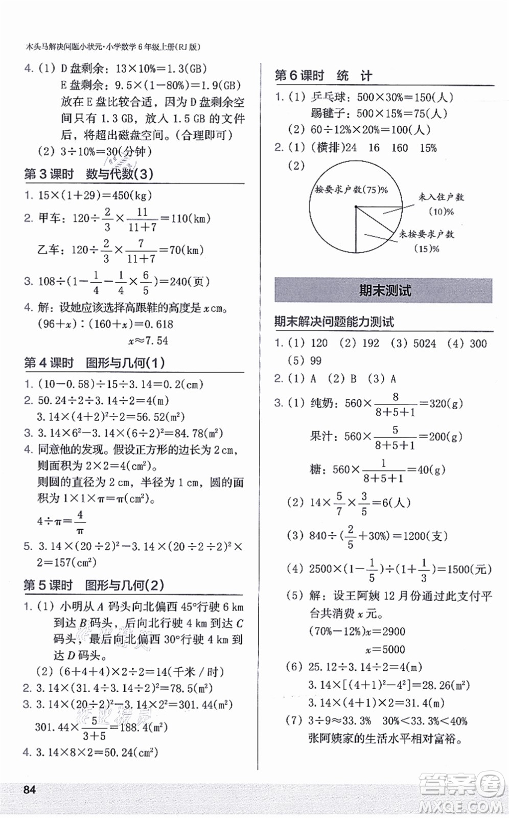 江蘇鳳凰美術(shù)出版社2021木頭馬解決問題小狀元六年級數(shù)學(xué)上冊RJ人教版答案