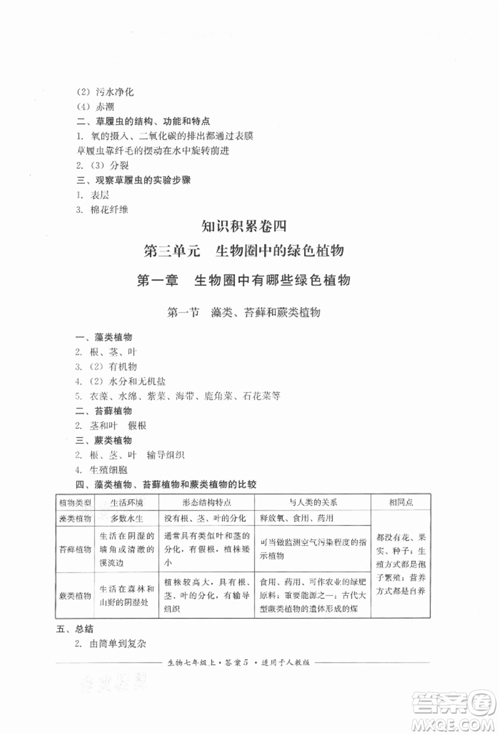 四川教育出版社2021單元測評七年級生物上冊人教版參考答案