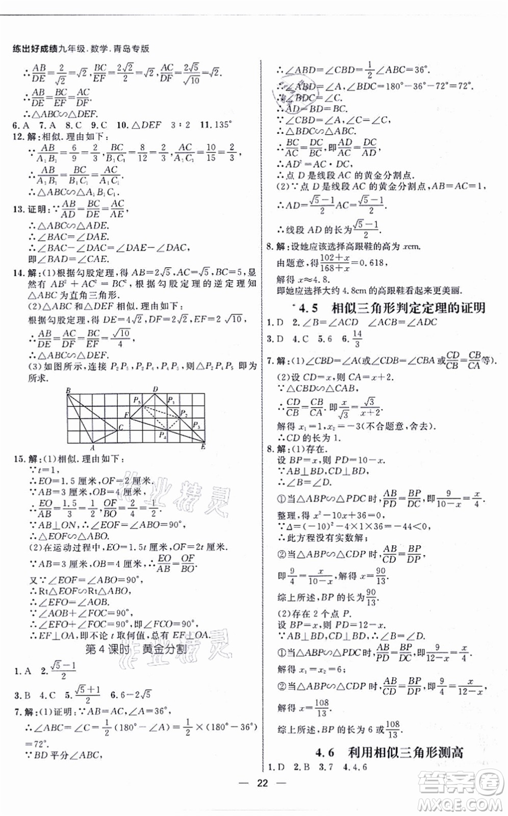 南方出版社2021練出好成績九年級數(shù)學全一冊北師大版青島專版答案