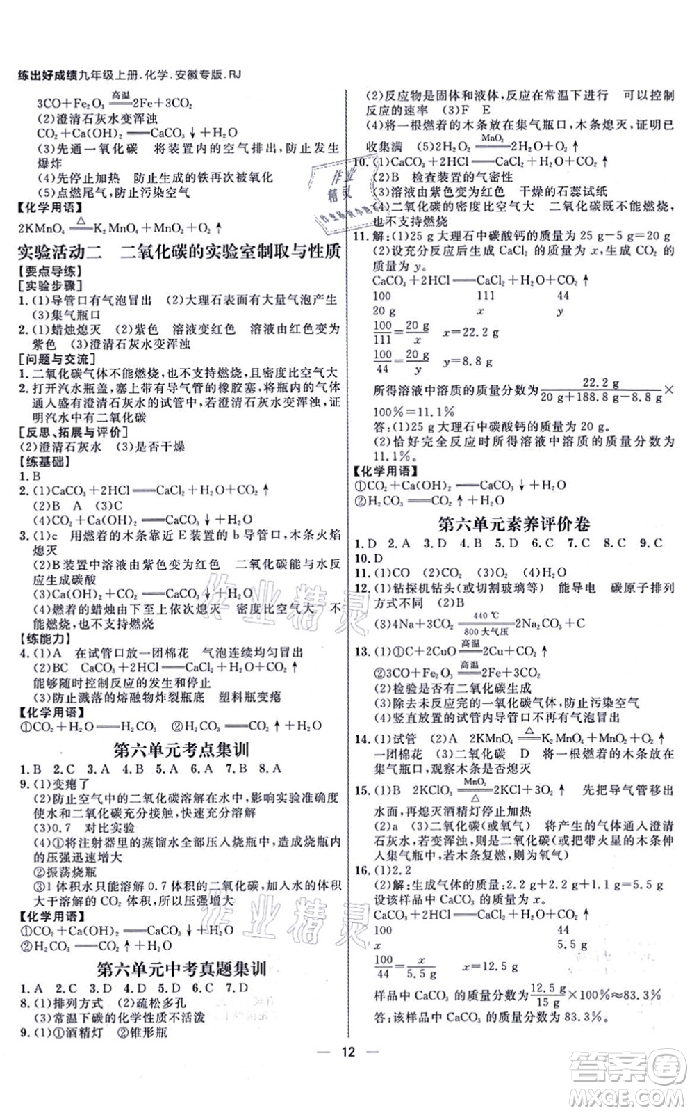 南方出版社2021練出好成績九年級化學(xué)上冊RJ人教版安徽專版答案